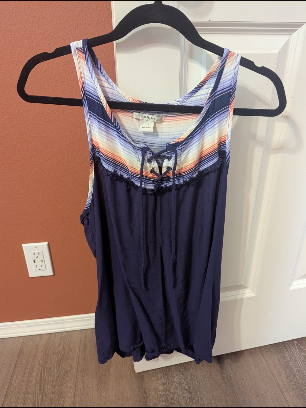 LAriat Purple Tank with Multicolor Striped Yoke and Lace-Up Neck